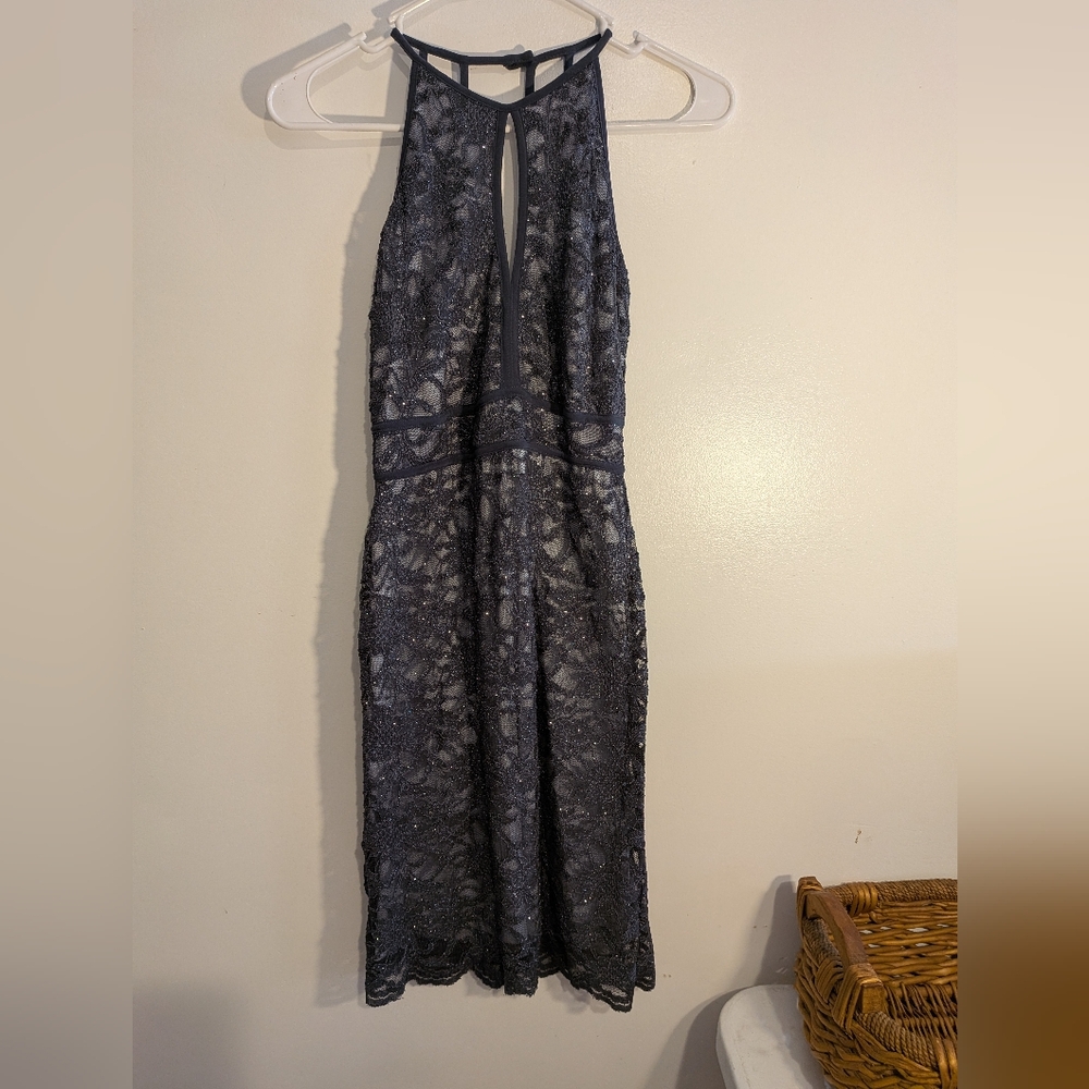 Morgan & Co. Metallic Lace Halter Dress